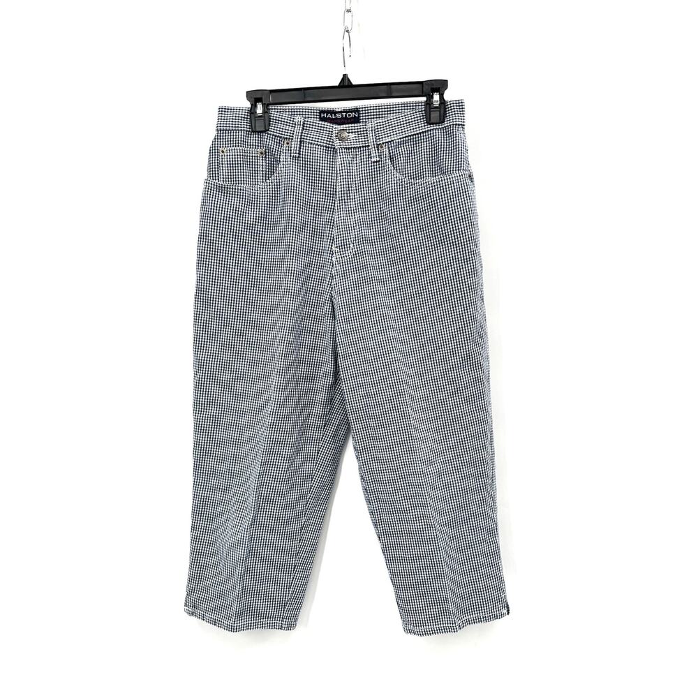 Vintage Halston Jeanswear Cropped Gingham Cotton Denim Jeans Cotton Blue White 8